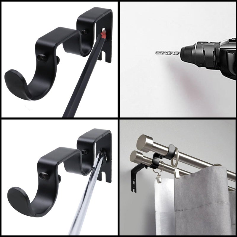 Shonmogar Double Curtain Rod Bracket 6 Pack Metal Curtain Rod Holders for Wall Sturdy Curtain Bracket for 1 Inch Curtain Rod Black Wall Mounted Curtain Rod Hooks for Bedroom Living Room Patio - Image 4